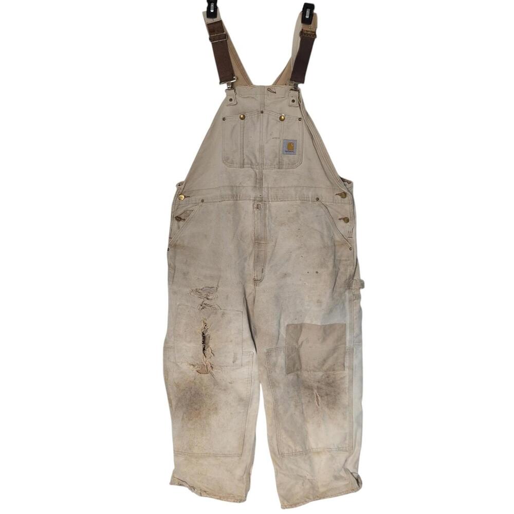 Carhartt Overalls Mens 44x30 Brown Duck R01 Bib Workwear Distressed‎ Made USA